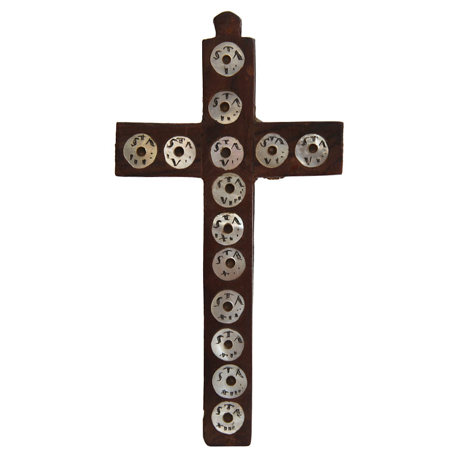 Старинный крест-реликварий с  14 мощевиками и частицами святой земли с Крестного пути на Голгофу. Палестина, Иерусалим 1870-1900 год