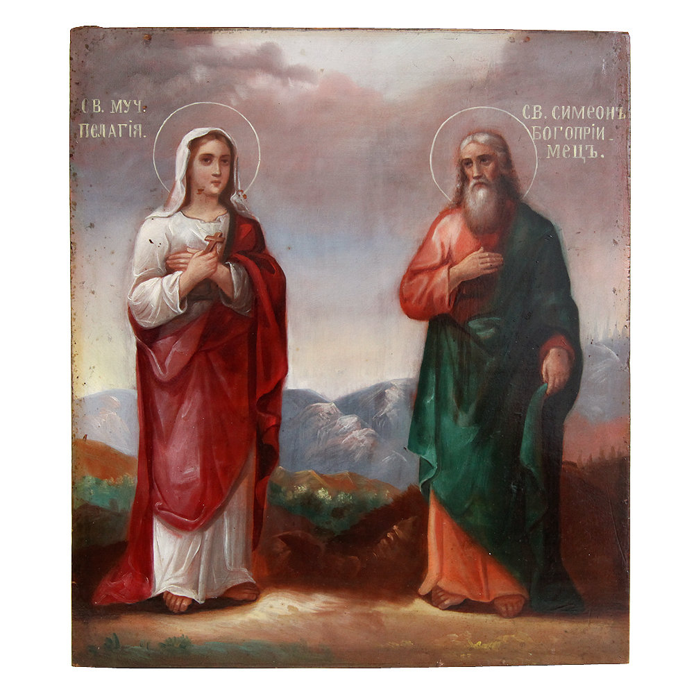 Старинная икона Святой Симеон Богоприимец и Святая Мученица Пелагия. Россия 1860-1900 год