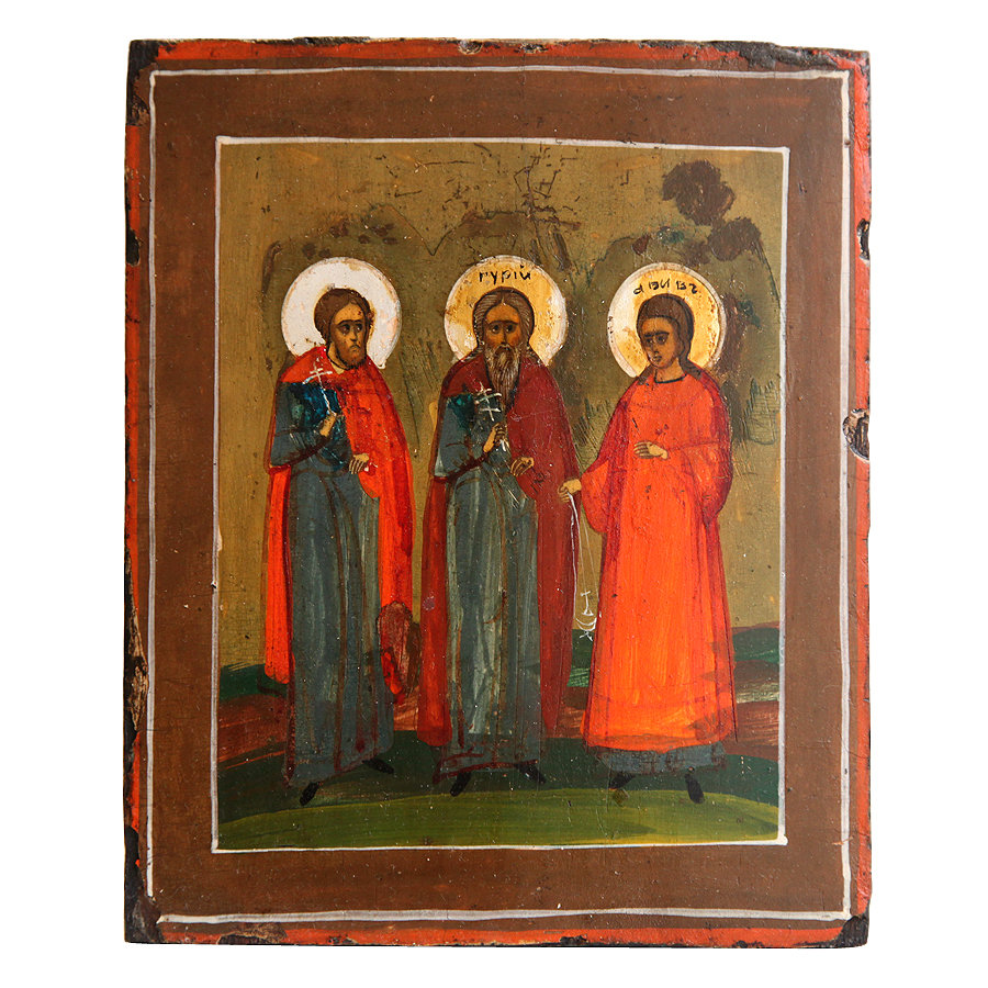 Старинная икона Покровители счастливой семьи Святые Гурий, Самон и Авив. Россия 1875-1900 год