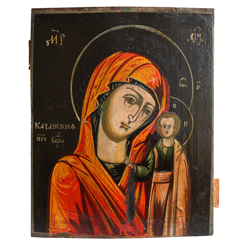 Cтаринная Казанская икона Божией Матери на темном фоне. Россия 1870-1900 год