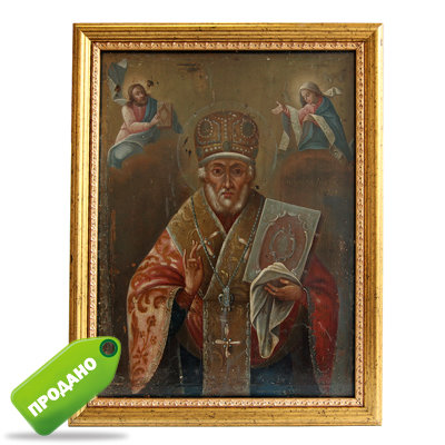 Старинная икона Святой Николай Чудотворец или Никола Угодник, в раме с музейным стеклом. Россия 1850-1860 гг.