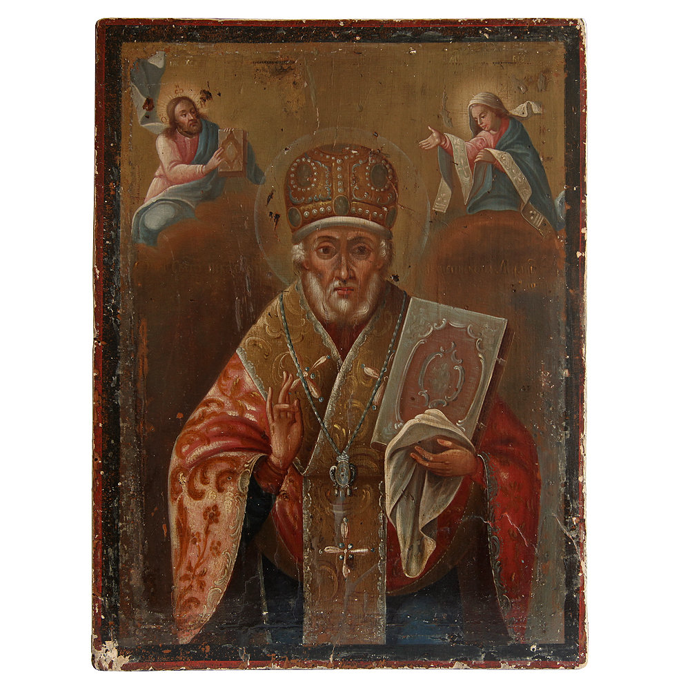 Старинная икона Святой Николай Чудотворец или Никола Угодник, в раме с музейным стеклом. Россия 1850-1860 гг.
