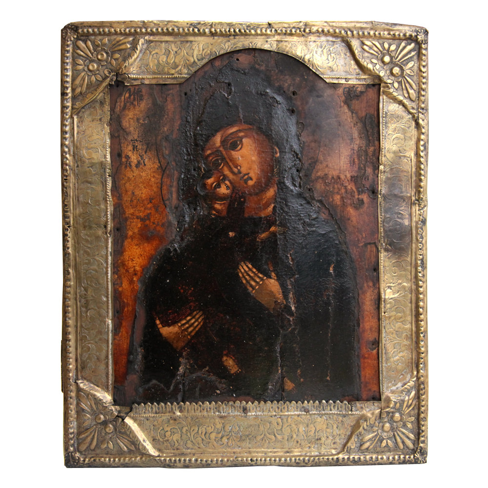 Старинная Владимирская икона Божией Матери в латунной басме. Россия 1875-1900 гг.