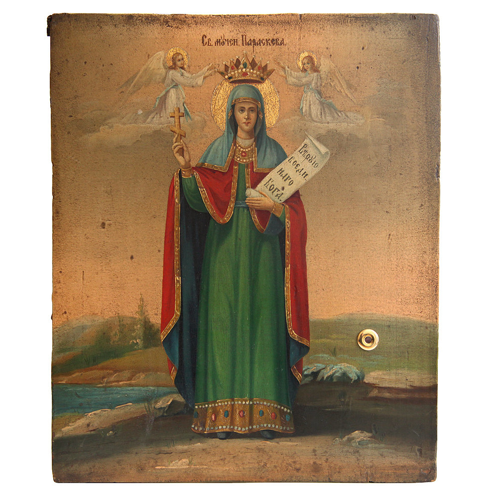 Старинная намоленная икона Святая Параскева Пятница с реликварием-мощевиком. Россия 1860-1900 год