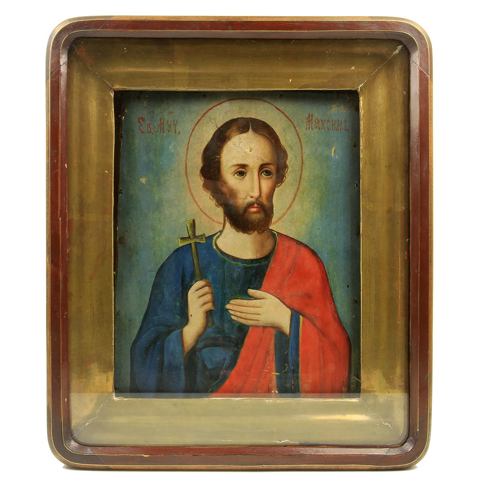 Старинная именная икона святой мученик Максим, икона в старинном киоте, Россия, Курская губерния 1875-1900 год