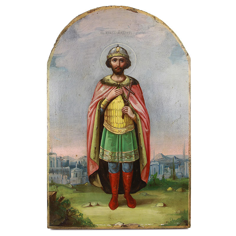 Антикварная именная икона святой князь Михаил Тверской в позолоченной раме. Россия 1850-1900 год