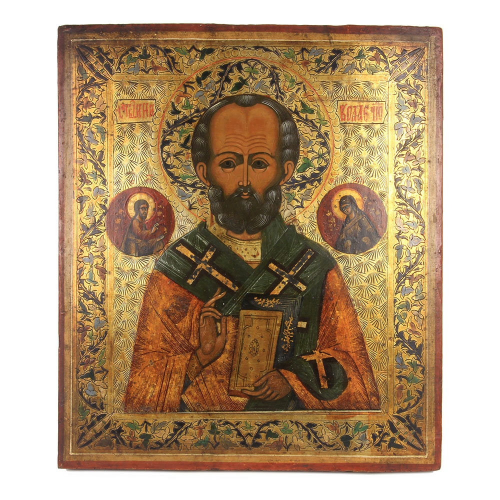 Старинная икона святой Николай Чудотворец, отвращающий бесов и темные силы, Россия, Холуй 1870-1890 год