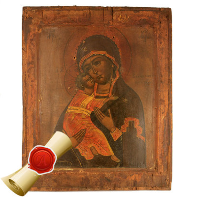 Старинная русская Владимирская икона Божией Матери, Россия 1850-1880 год