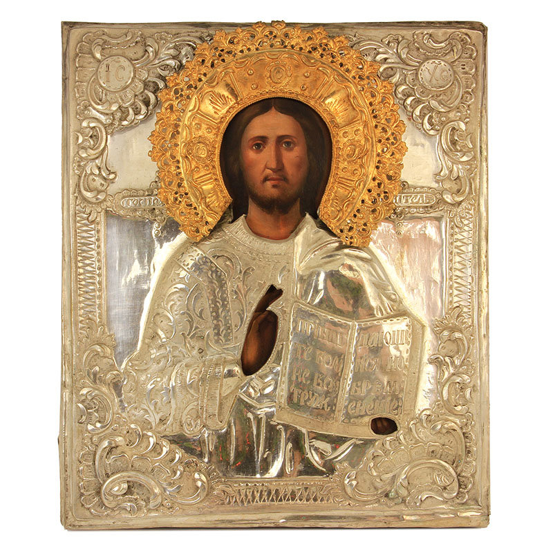 Старинная икона Спас Вседержитель в латунном окладе с серебрением и золочением. Россия 1840-1860 год