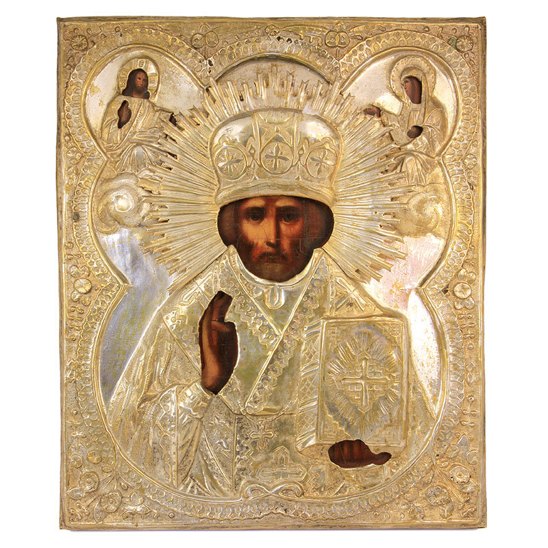 Старинная намоленная икона святитель Николай Чудотворец в латунном окладе. Россия, Москва 1870-1900 год