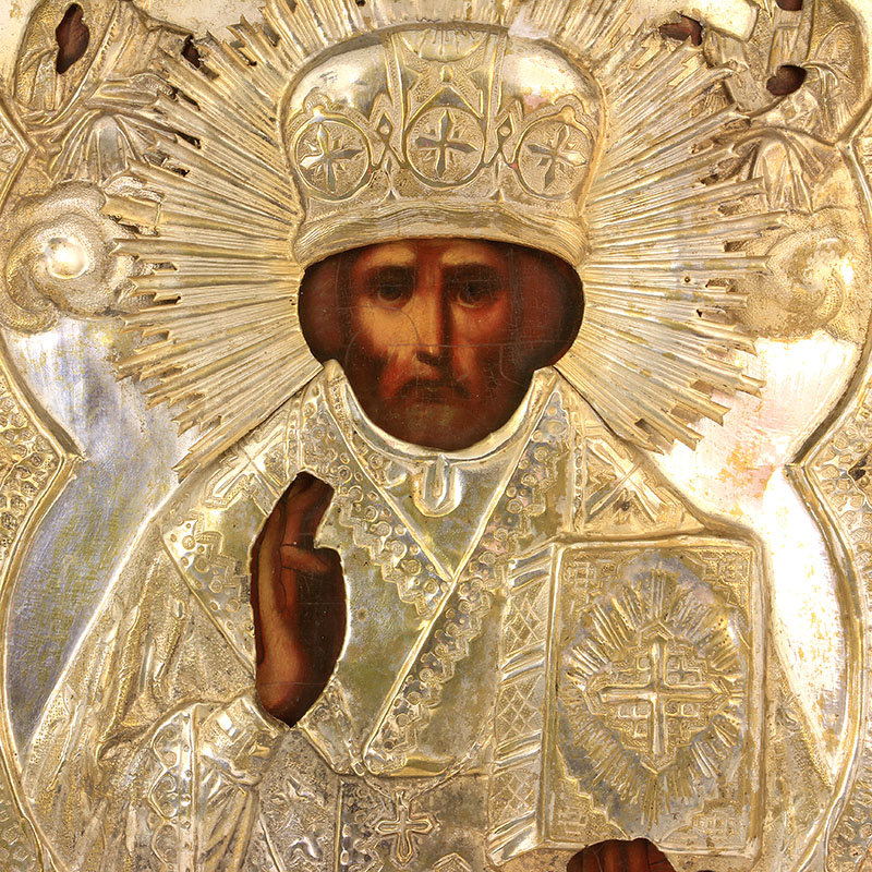 Старинная намоленная икона святитель Николай Чудотворец в латунном окладе. Россия, Москва 1870-1900 год