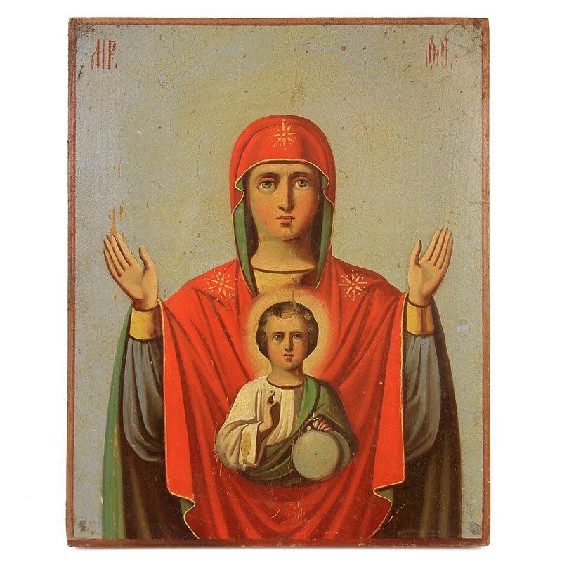 Старинная икона Богородицы Знамение, икона для защиты от зла. Россия 1870-1900 год