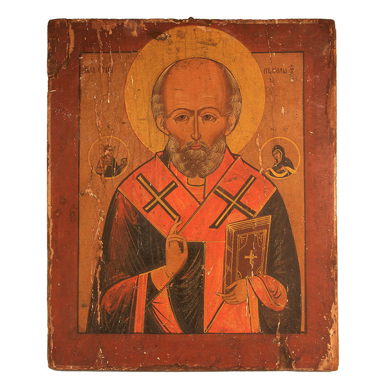 Старинная икона Николай Угодник в изводе «Никола отвращающий беса». Россия 1870-1880 год