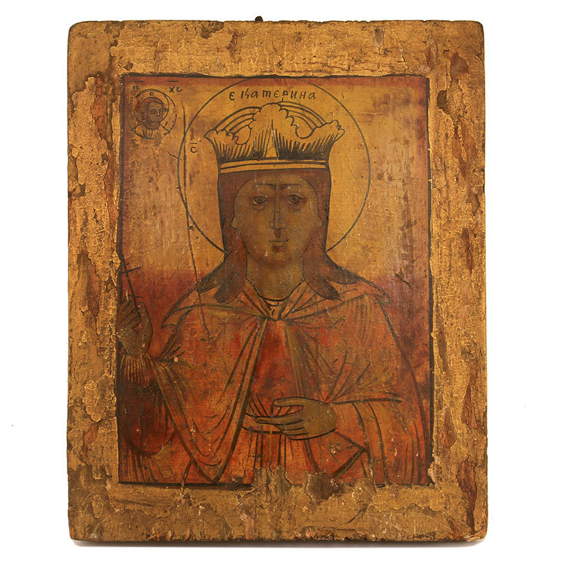 Старинная православная икона святая Екатерина Александрийская. Россия 1850-1880 год
