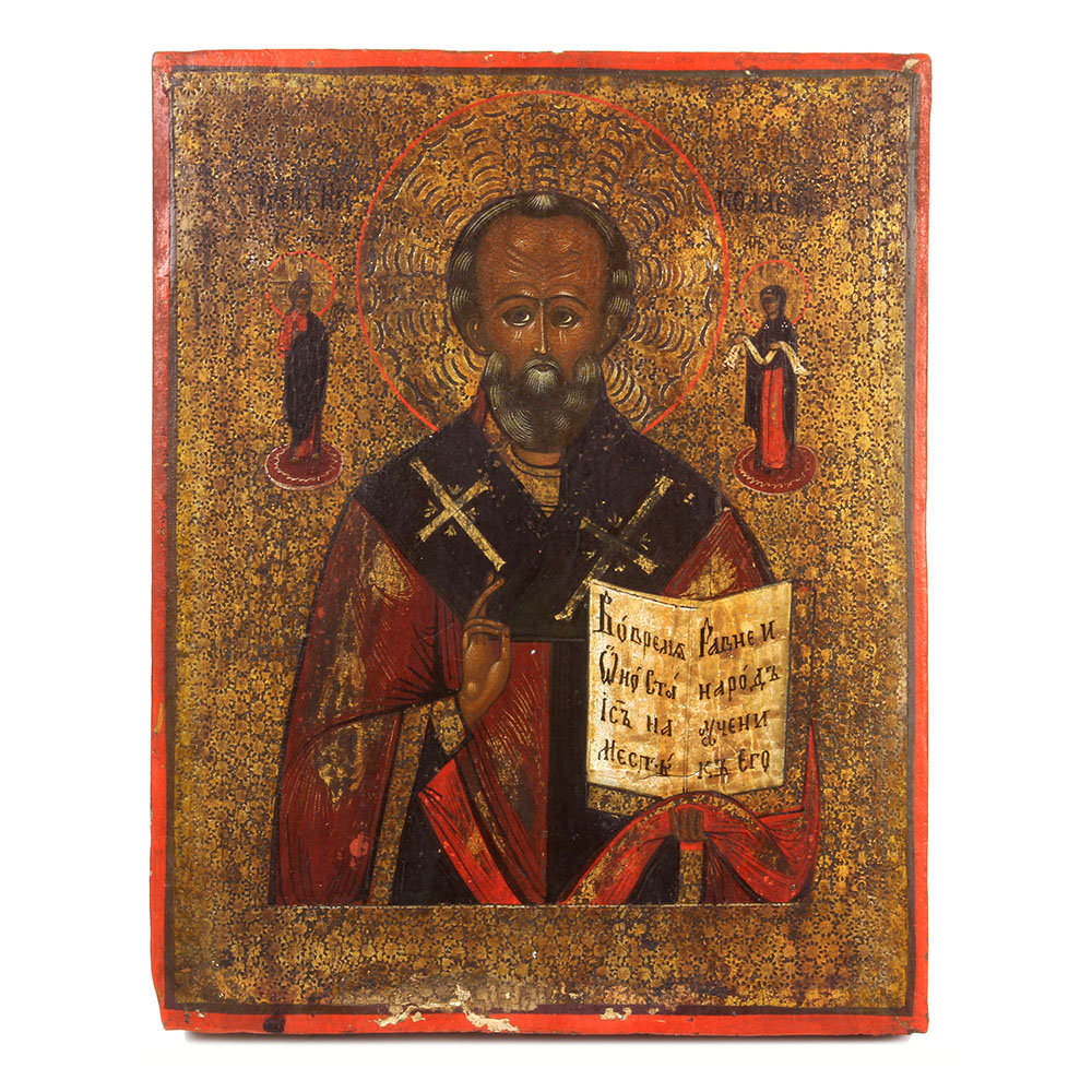 Старинная икона на серебре Святой Николай Чудотворец. Россия, с. Холуй 1850-1880 год