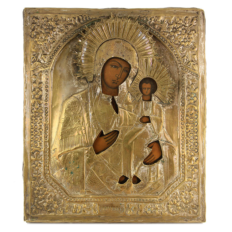 Старинная Смоленская икона Божией Матери в латунном окладе. Россия 1860-1900 год