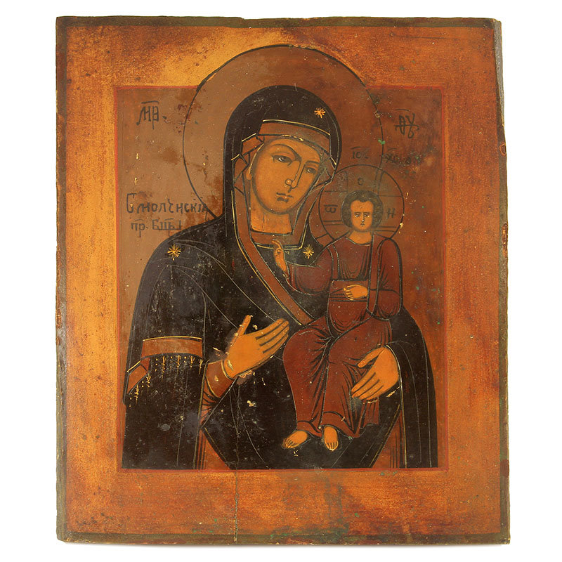 Старинная Смоленская икона Божией Матери в латунном окладе. Россия 1860-1900 год