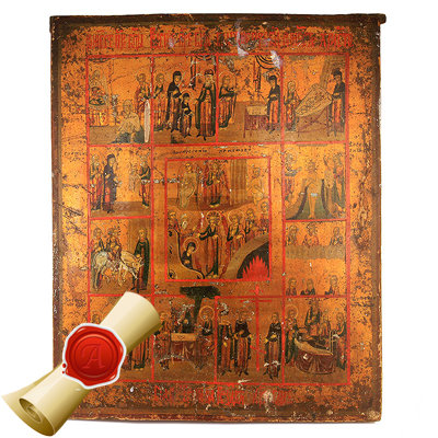 Старинная икона 12 Великих Праздников, миниатюрный Церковный календарь и иконостас. Россия 1860-1890 год