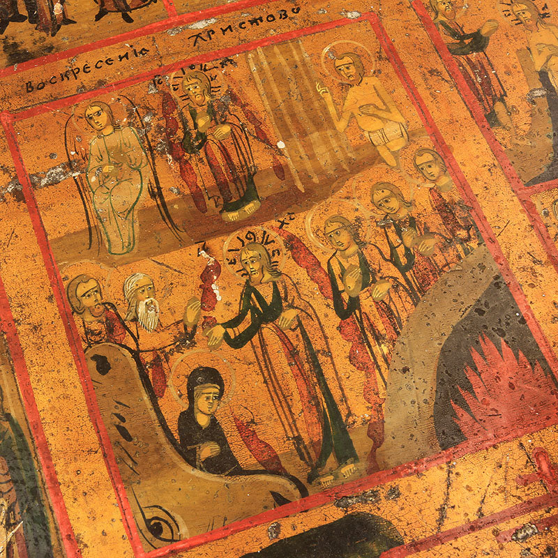 Старинная икона 12 Великих Праздников, миниатюрный Церковный календарь и иконостас. Россия 1860-1890 год