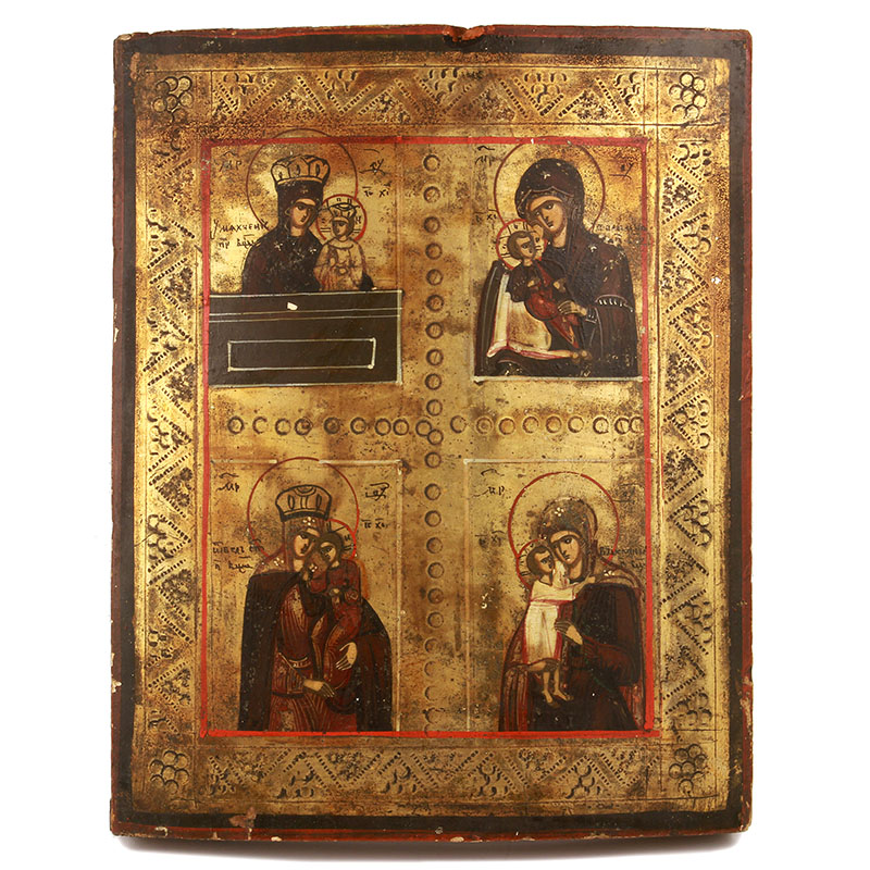 Старинная четырехчастная икона с избранными Богородичными сюжетами. Россия, Владимирские села 1870-1890 год
