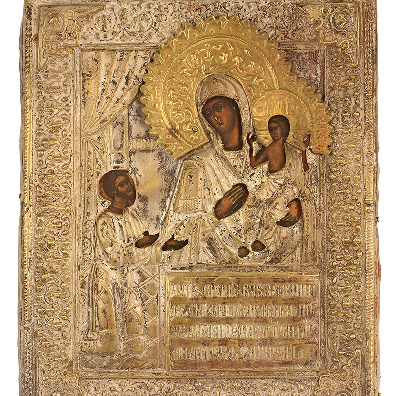 Старинная икона Богородицы Нечаянная Радость в латунном окладе. Россия, Мстёра 1870-1890 год