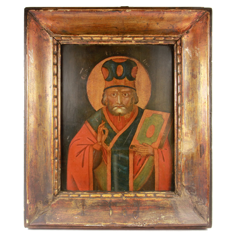 Старинная намоленная икона святитель Николай Чудотворец (Никола Зимний) в старинной раме. Россия 1870-1890 год