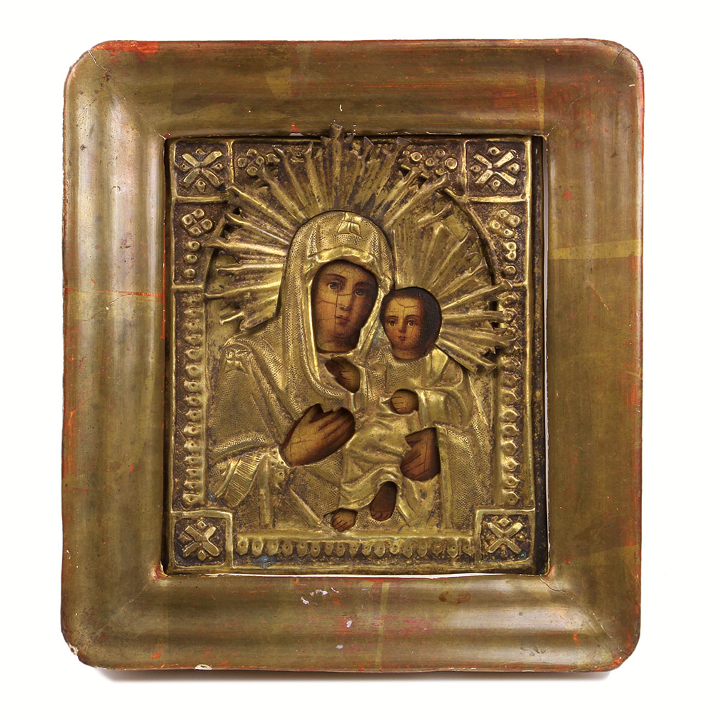 Старинная Тихвинская икона Божией Матери в латунном окладе и в старинной рамке. Россия 1870-1890 год