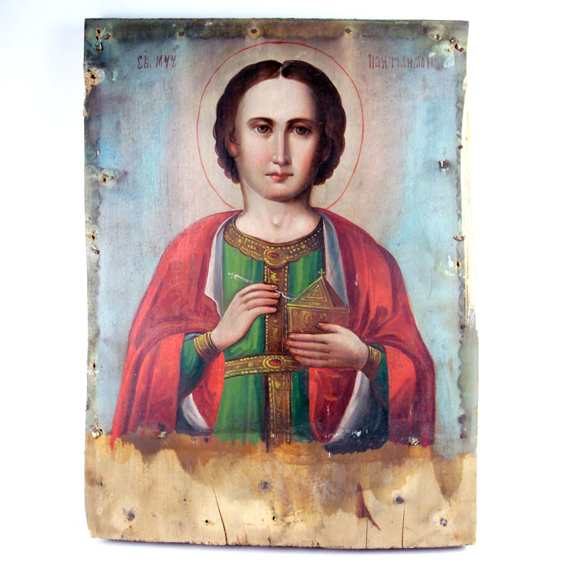 Старинная живописная икона святой великомученик Пантелеимон целитель. Россия, Курская губерния 1880-1900 год