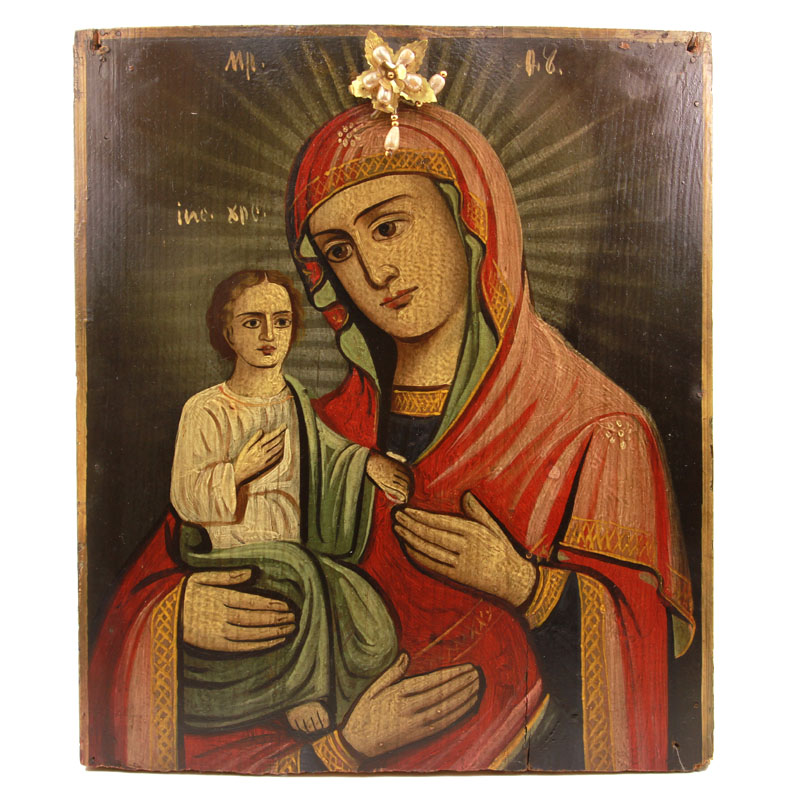 Старинная икона Божией Матери, именуемой Троеручица с бусинками. Россия 1880-1900 год