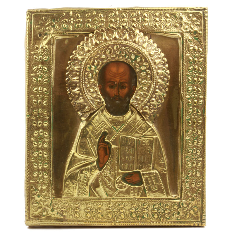 Старинная икона в латунном окладе святитель Николай Чудотворец. Россия, Мстёра 1880-1900 год