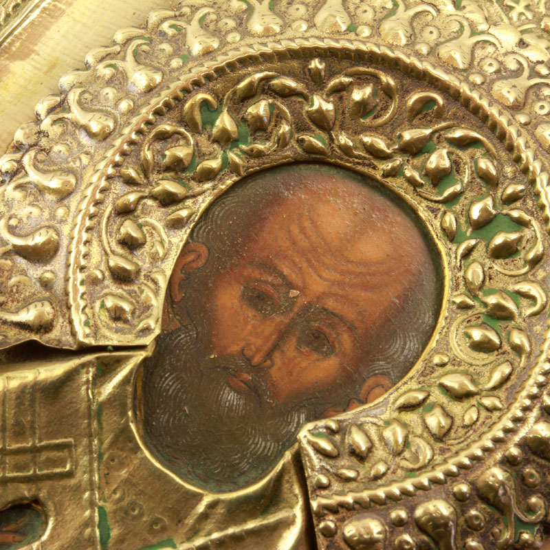 Старинная икона в латунном окладе святитель Николай Чудотворец. Россия, Мстёра 1880-1900 год