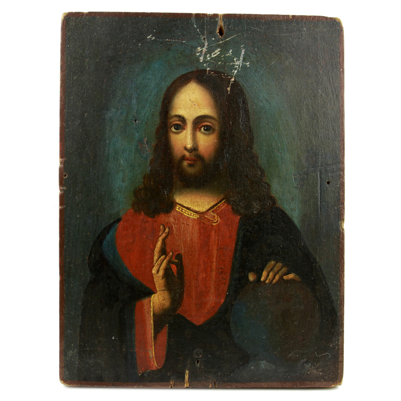 Старинная икона Спасителя «Спас Державный», икона в стиле позднего барокко. Россия 1850-1880 год