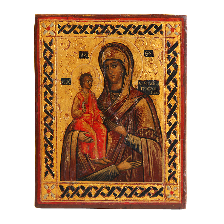 Старинная дорожная икона Божией Матери Троеручицы. Россия 1870-1900 год