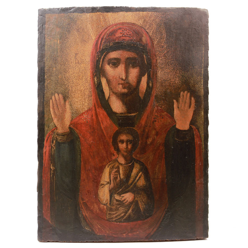 Старинная живописная икона Божией Матери Знамение. Россия 1870-1900 год