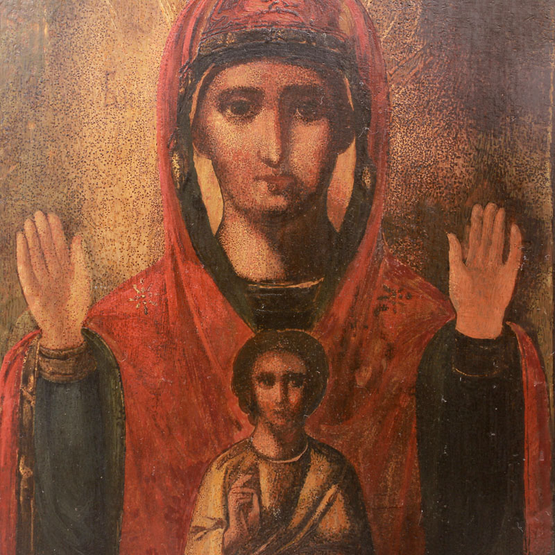Старинная живописная икона Божией Матери Знамение. Россия 1870-1900 год