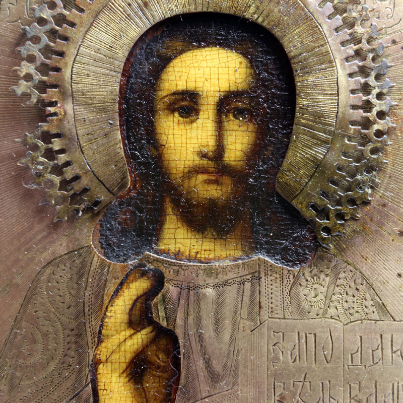Старинная живописная икона Спас Вседержитель в латунном окладе. Россия 1870-1900 год
