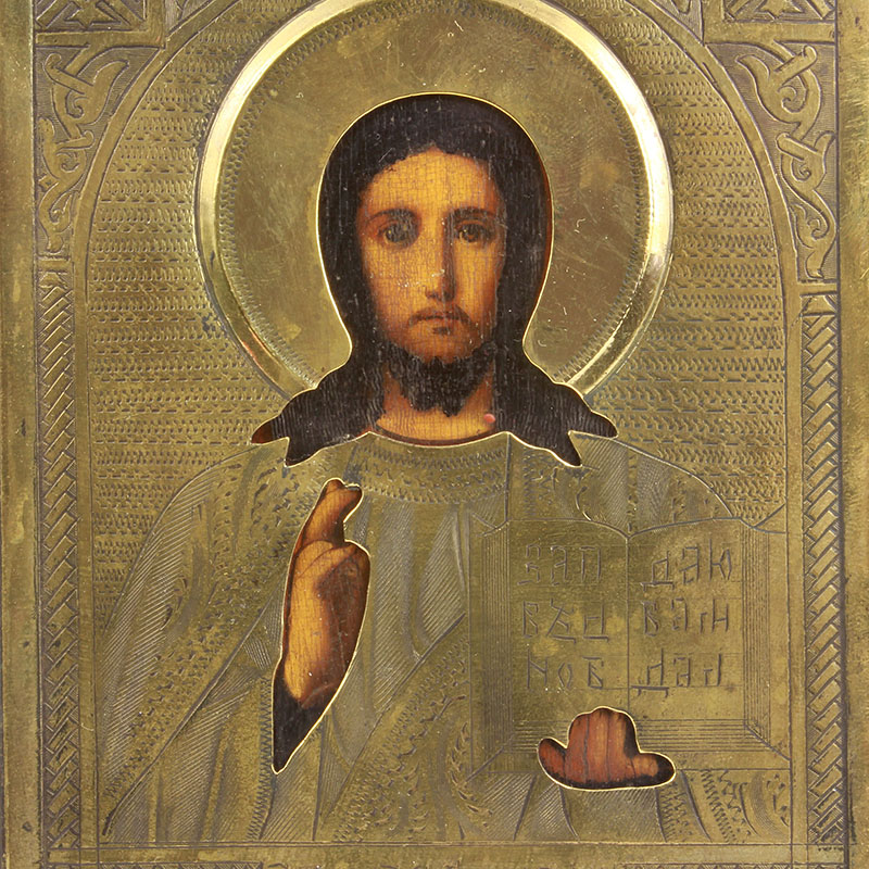 Старинная икона Спасителя в латунном окладе. Россия 1880-1900 год