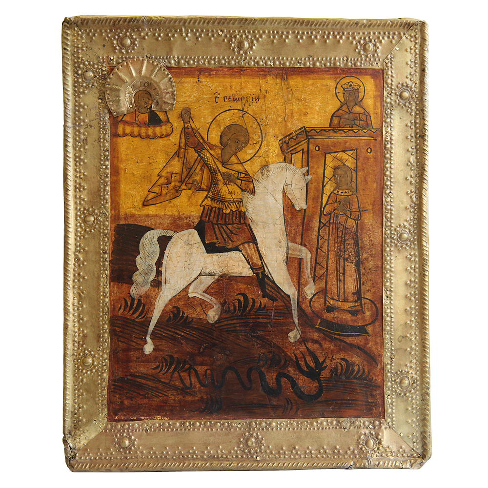 Старинная икона с образом Святого Георгия Победоносца, поражающего копием змия. Россия 1870-1890 год