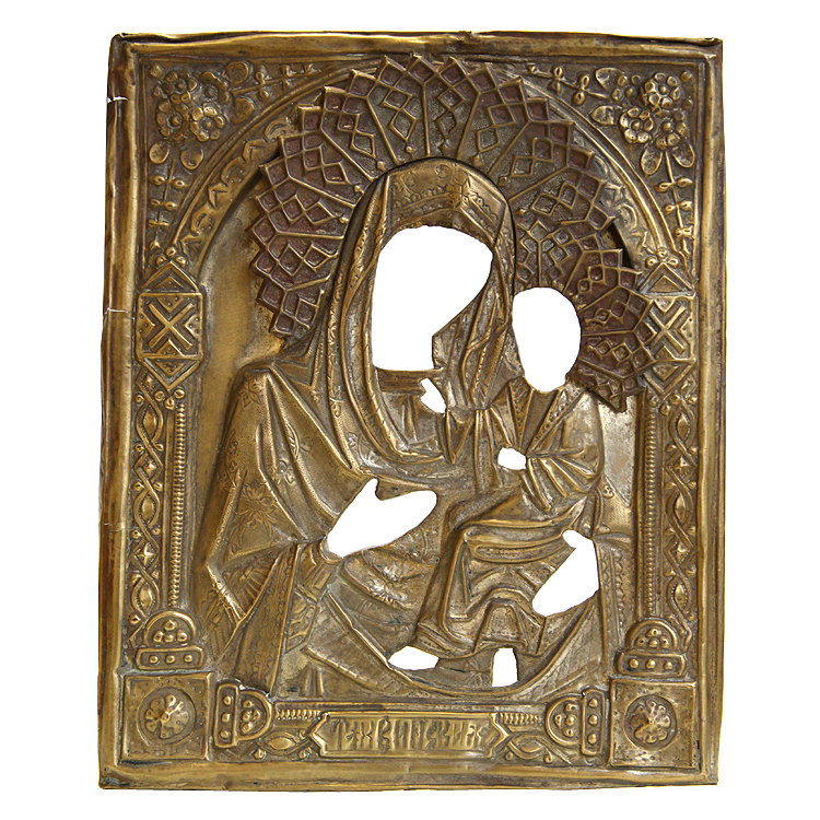 Современная живописная икона Тихвинская Божья Матерь в латунном окладе. Россия 2010-2015 год