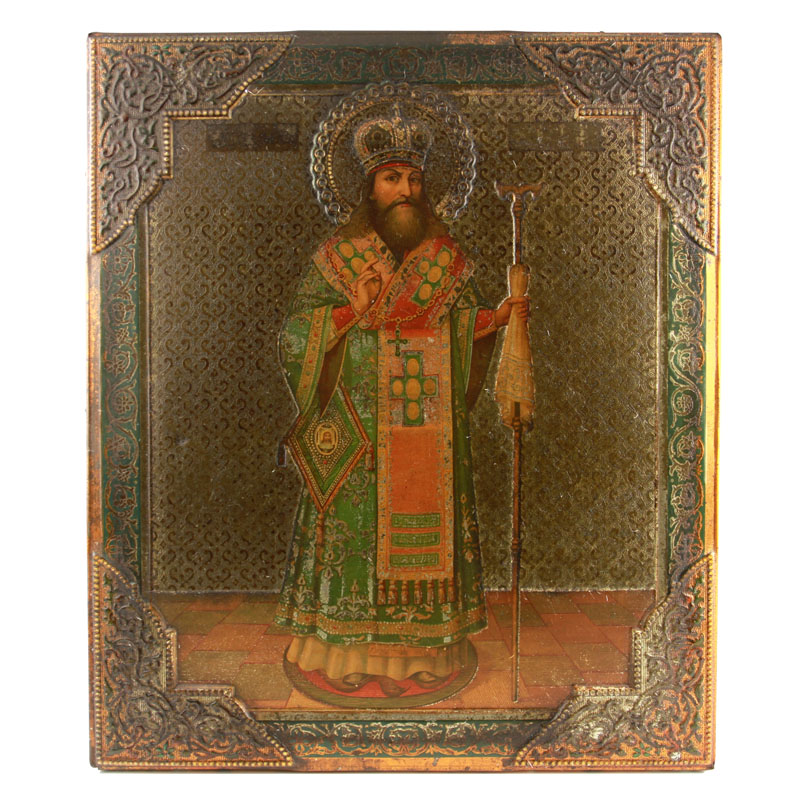 Старинная икона на металле святой Феодосий Углицкий, Черниговский чудотворец. Россия, Москва 1896 год