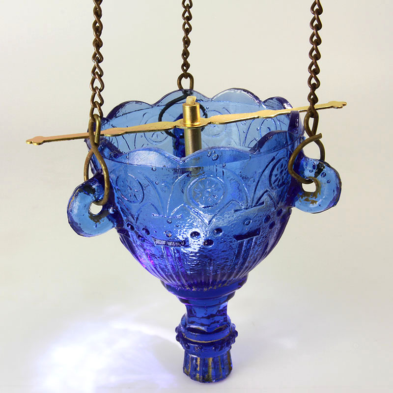Старинная стеклянная подвесная лампадка синего стекла. Россия 1880-1900 год
