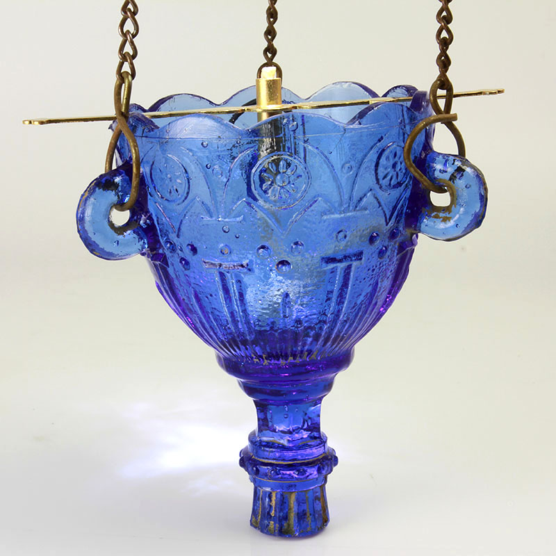 Старинная стеклянная подвесная лампадка синего стекла. Россия 1880-1900 год
