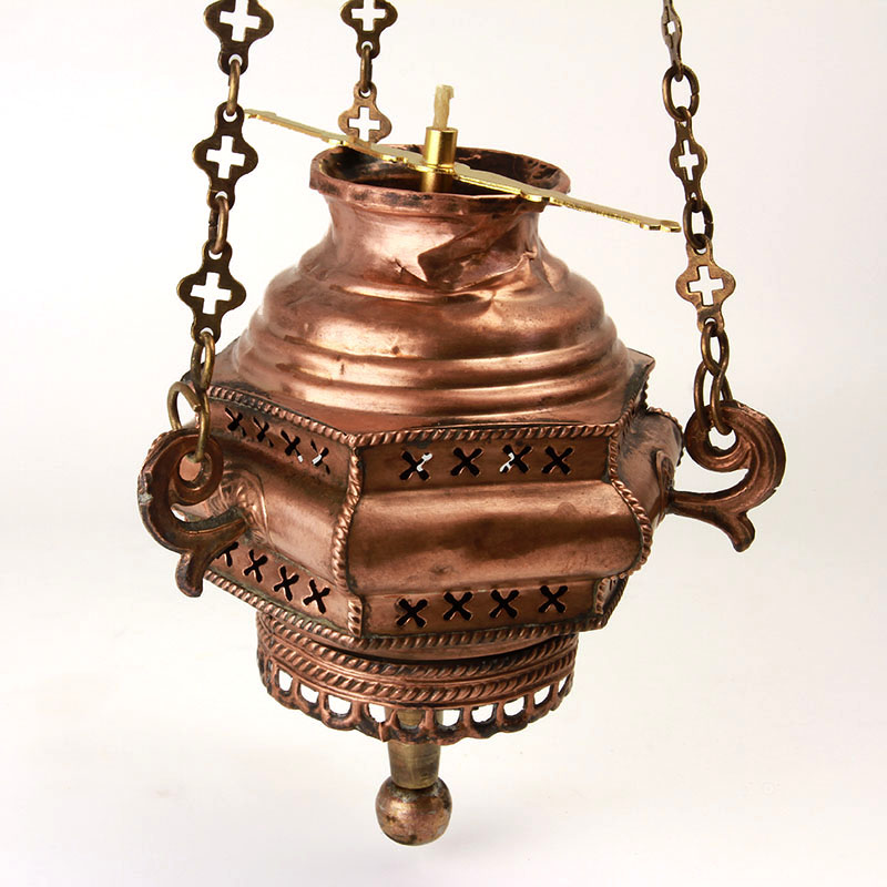 Старинная медная подвесная лампада для иконы, с клеймом мастерской Д. Андреева. Россия 1870-1900 год