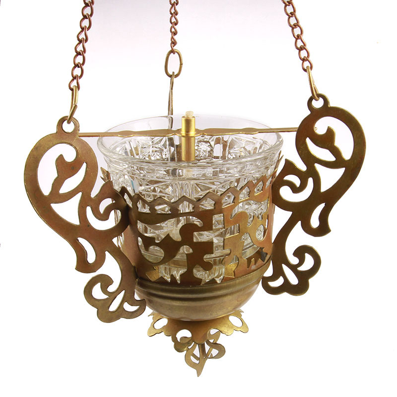 Латунная подвесная старинная лампада с прозрачным стеклянным стаканчиком. Россия 1890-1900 год