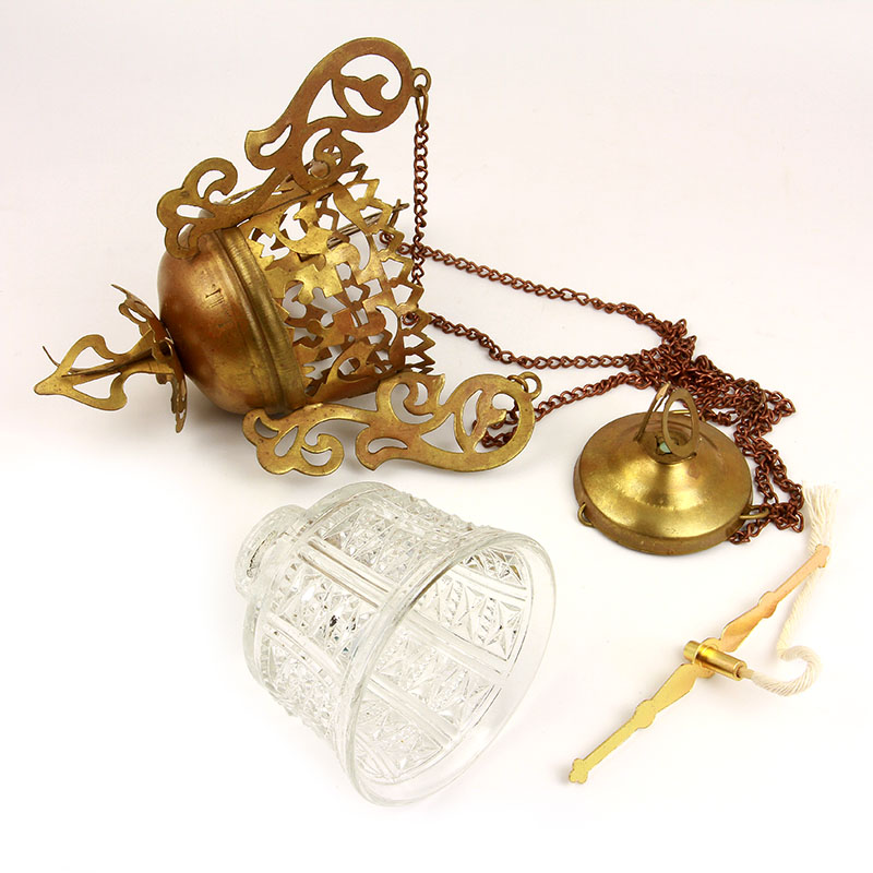 Латунная подвесная старинная лампада с прозрачным стеклянным стаканчиком. Россия 1890-1900 год