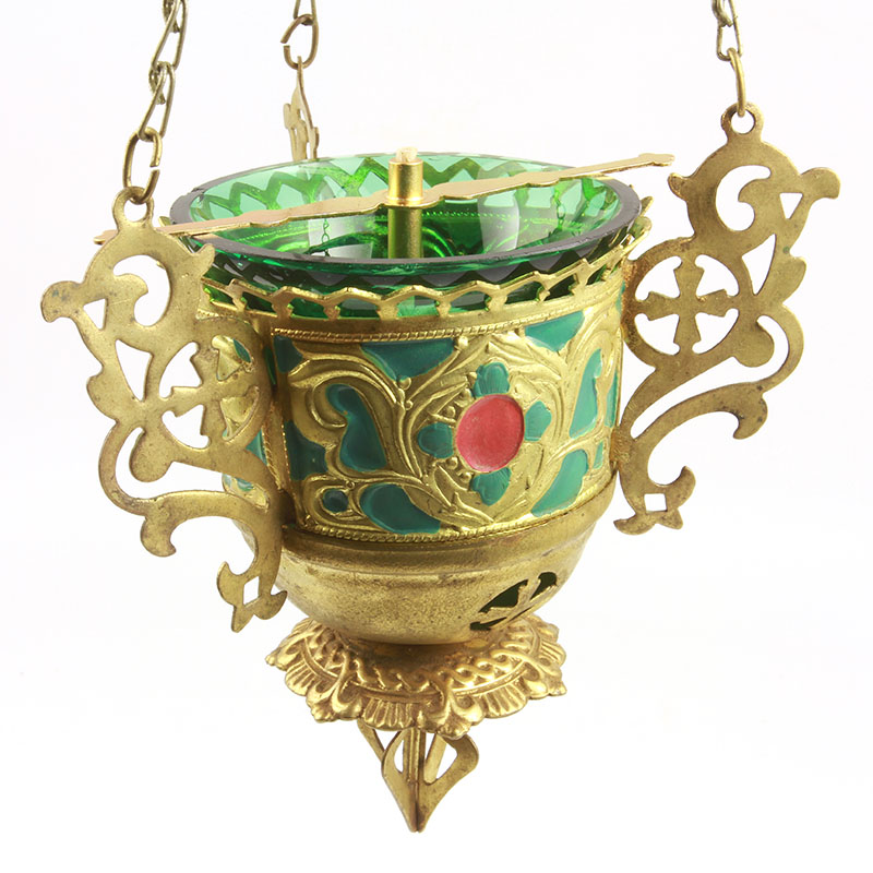 Старинная металлическая подвесная лампада со стеклянным стаканом. Россия 1890-1917 год