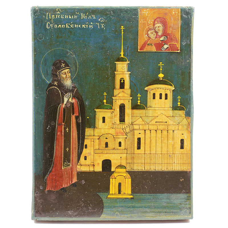Старинная паломническая икона в оригинальном киоте святой преподобный Нил Столобенский. Россия, Нилова пустынь 1870-1890 год