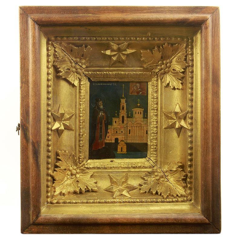 Старинная паломническая икона в оригинальном киоте святой преподобный Нил Столобенский. Россия, Нилова пустынь 1870-1890 год