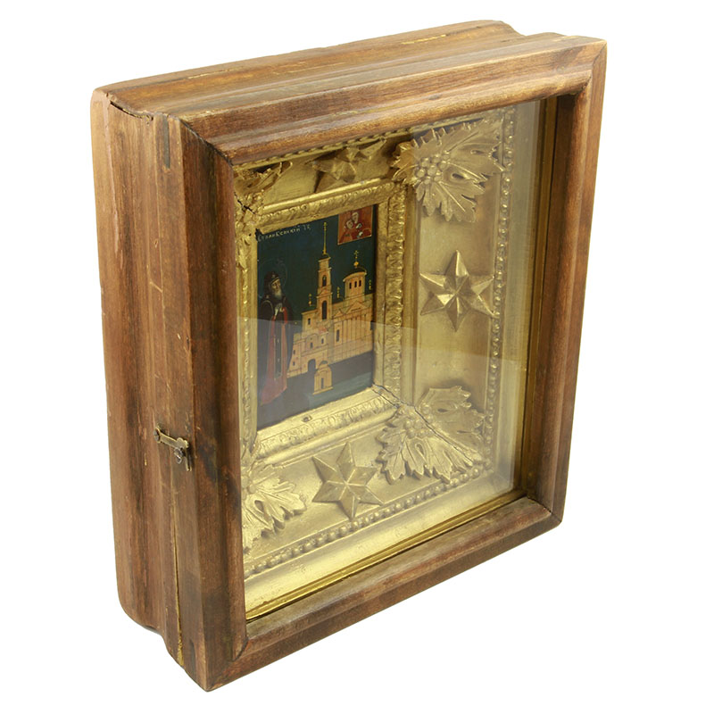 Старинная паломническая икона в оригинальном киоте святой преподобный Нил Столобенский. Россия, Нилова пустынь 1870-1890 год