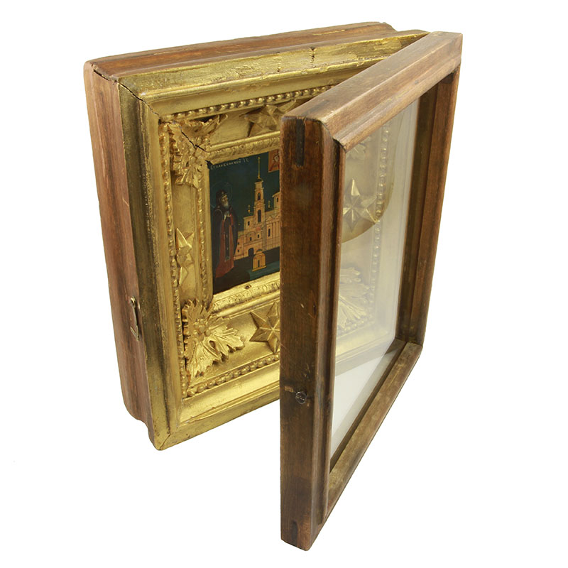 Старинная паломническая икона в оригинальном киоте святой преподобный Нил Столобенский. Россия, Нилова пустынь 1870-1890 год